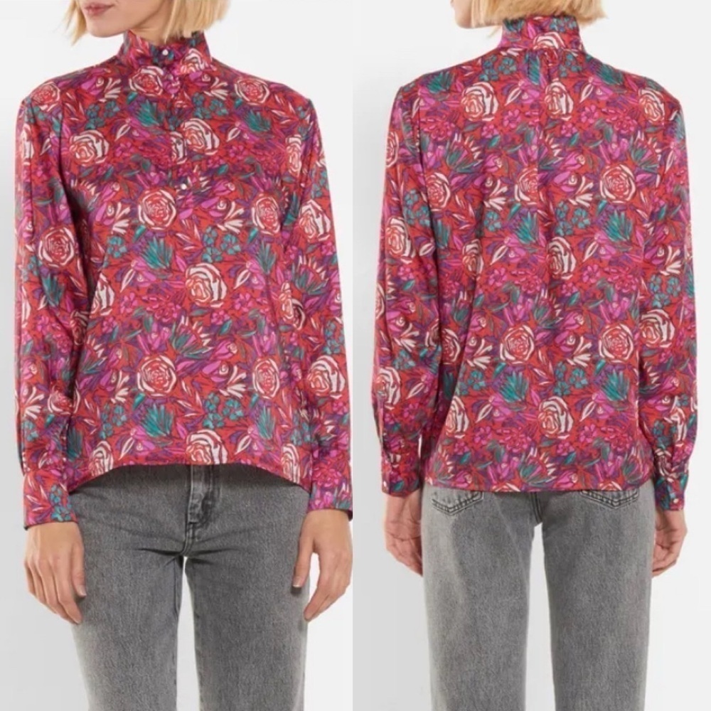 ROSEANNA Hendrix Marshall Blouse • Y2K Raspberry Red Floral High Neck Top Sz 8